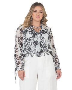 Plus Size Jessica Chiffon Tie-Neck Long Sleeve Prairie Top