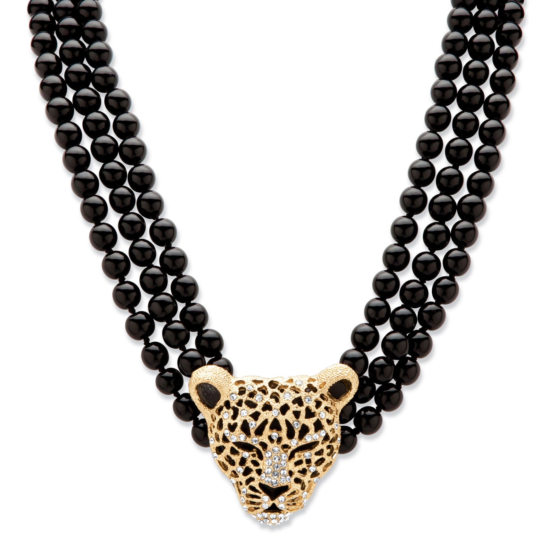 Onyx and Crystal Leopard Beaded Necklace in Yellow Goldtone, Black / Black, hi-res image number 0