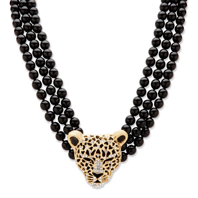 Onyx and Crystal Leopard Beaded Necklace in Yellow Goldtone, Black / Black, hi-res image number 0