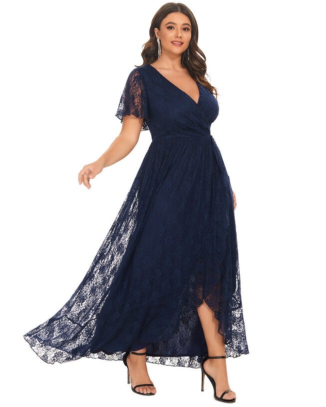 Short Sleeve Ruffled V-Neck A-Line Lace Evening Dress, , alternate image number 7