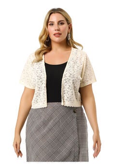 OPEN FRONT SHORT SLEEVE CROCHET LACE CROPPED BOLERO SHRUG CARDIGAN