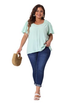 V Neck Ruffle Sleeve Smocked Shoulder Chiffon Blouse