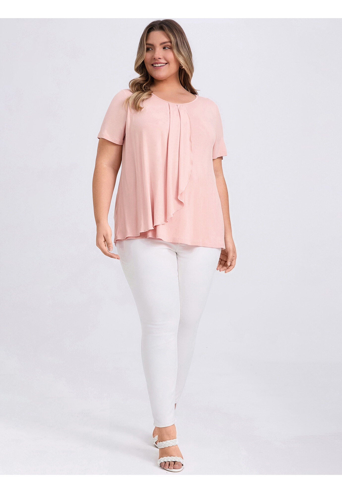 Short Sleeve Pleated Tulip Asymmetry Hem Overlaid Ruffle  Top, Pink / Pink, alternate image number 1