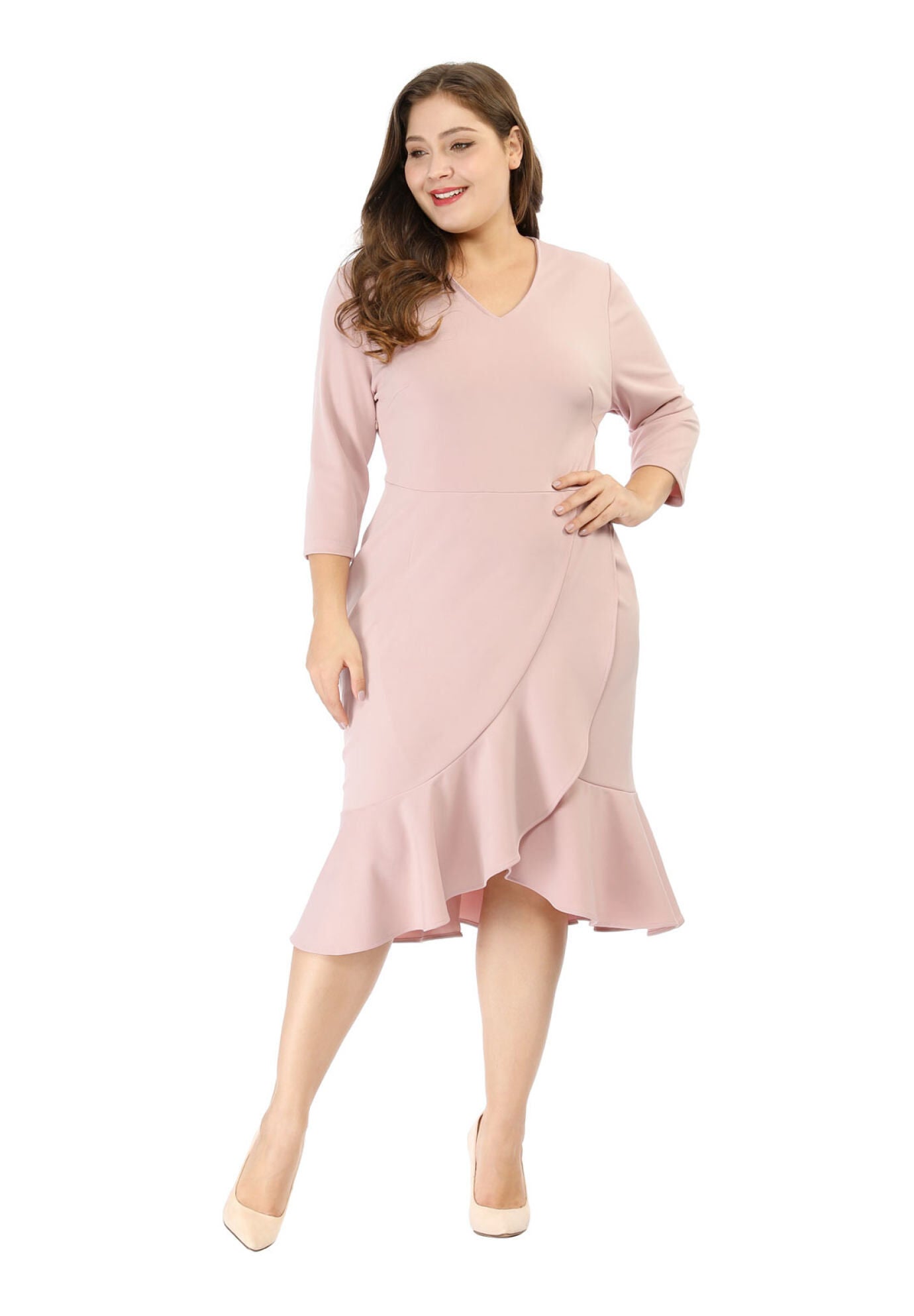 Ruffled 3/4 Sleeve Office Work Cocktail Wrap Dress, Pink / Pink, alternate image number 1