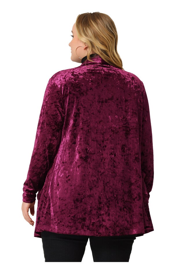 VINTAGE SHAWL COLLAR OPEN FRONT VELVET CARDIGAN, Wine / Red, alternate image number 3