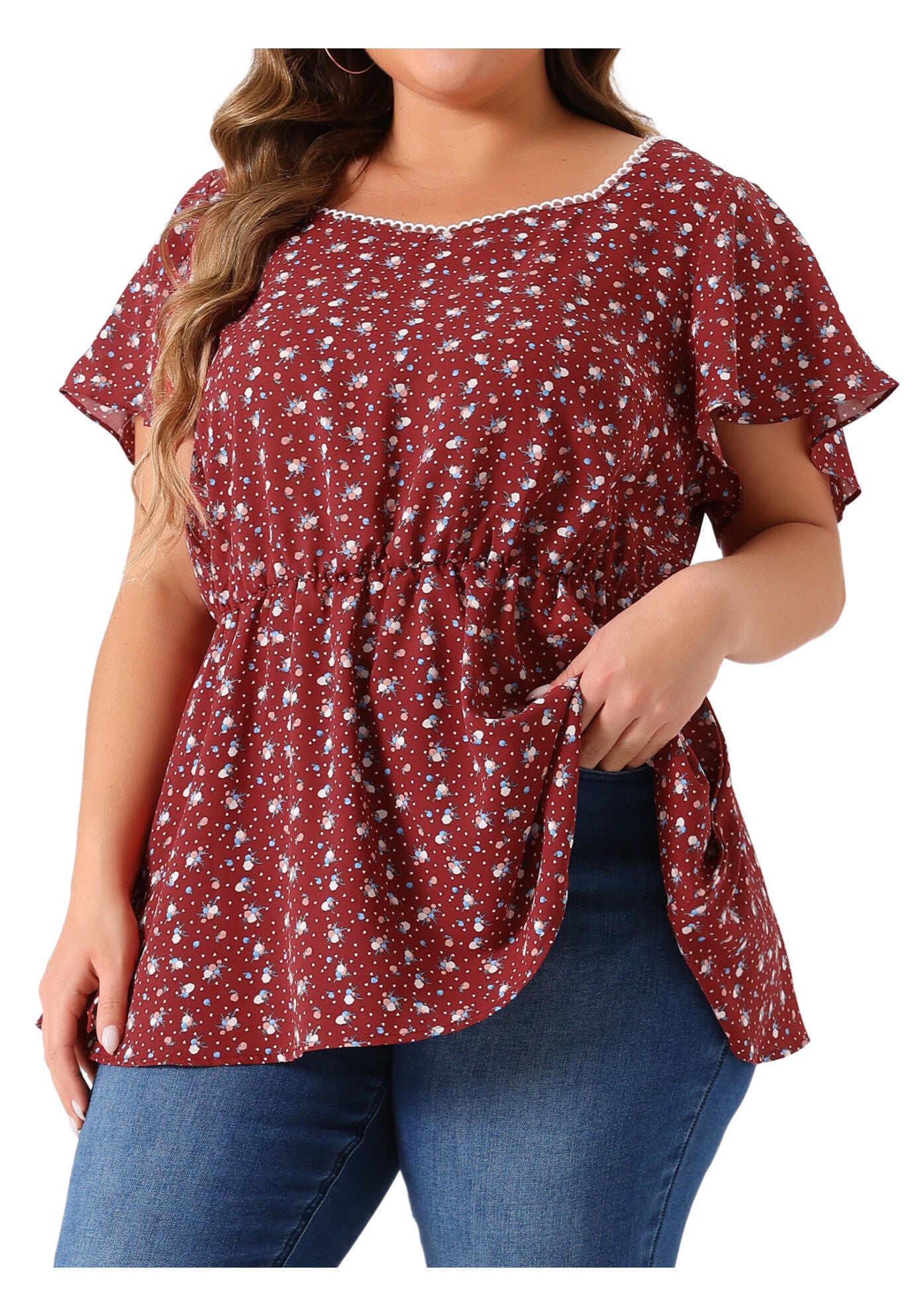 Peplum Top Flare Short Sleeve Sweetheart Neck Summer Floral Blouse, Red / Red, alternate image number 1