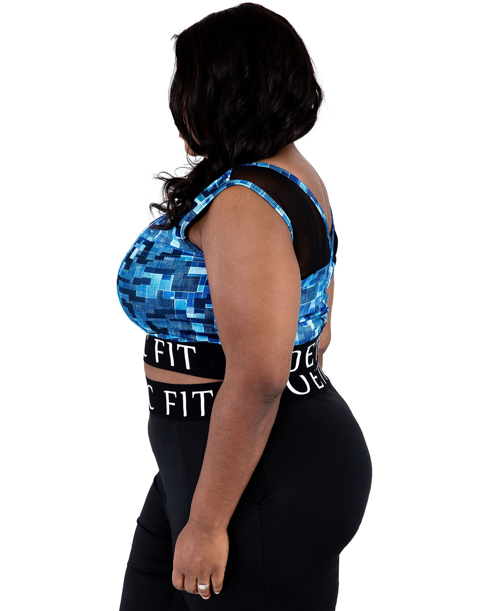 Plus Size Ryan Geometric Print Mesh V-Back Sports Bra, Blue Geo / Light Blue, alternate image number 1