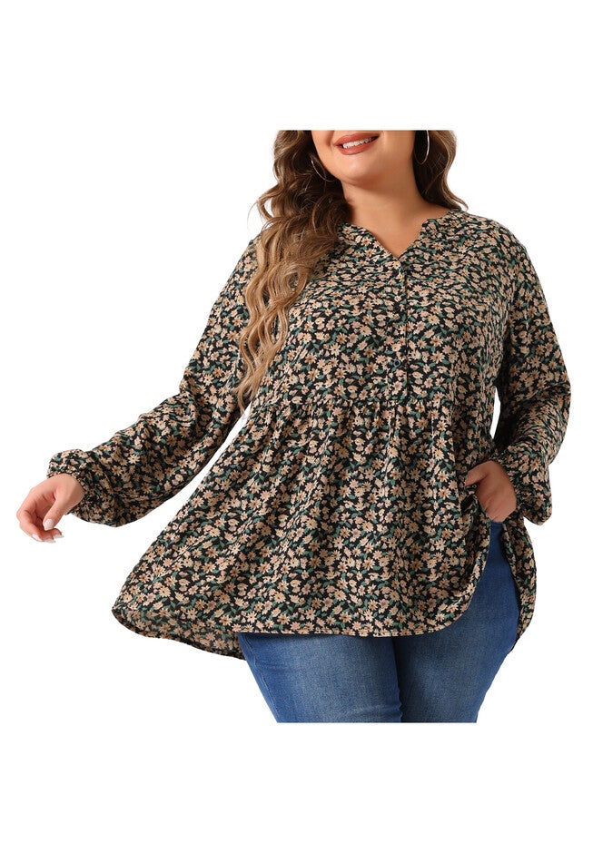 Elegant V Neck Floral Tops Chiffon Blouse, Black Beige / Beige, alternate image number null