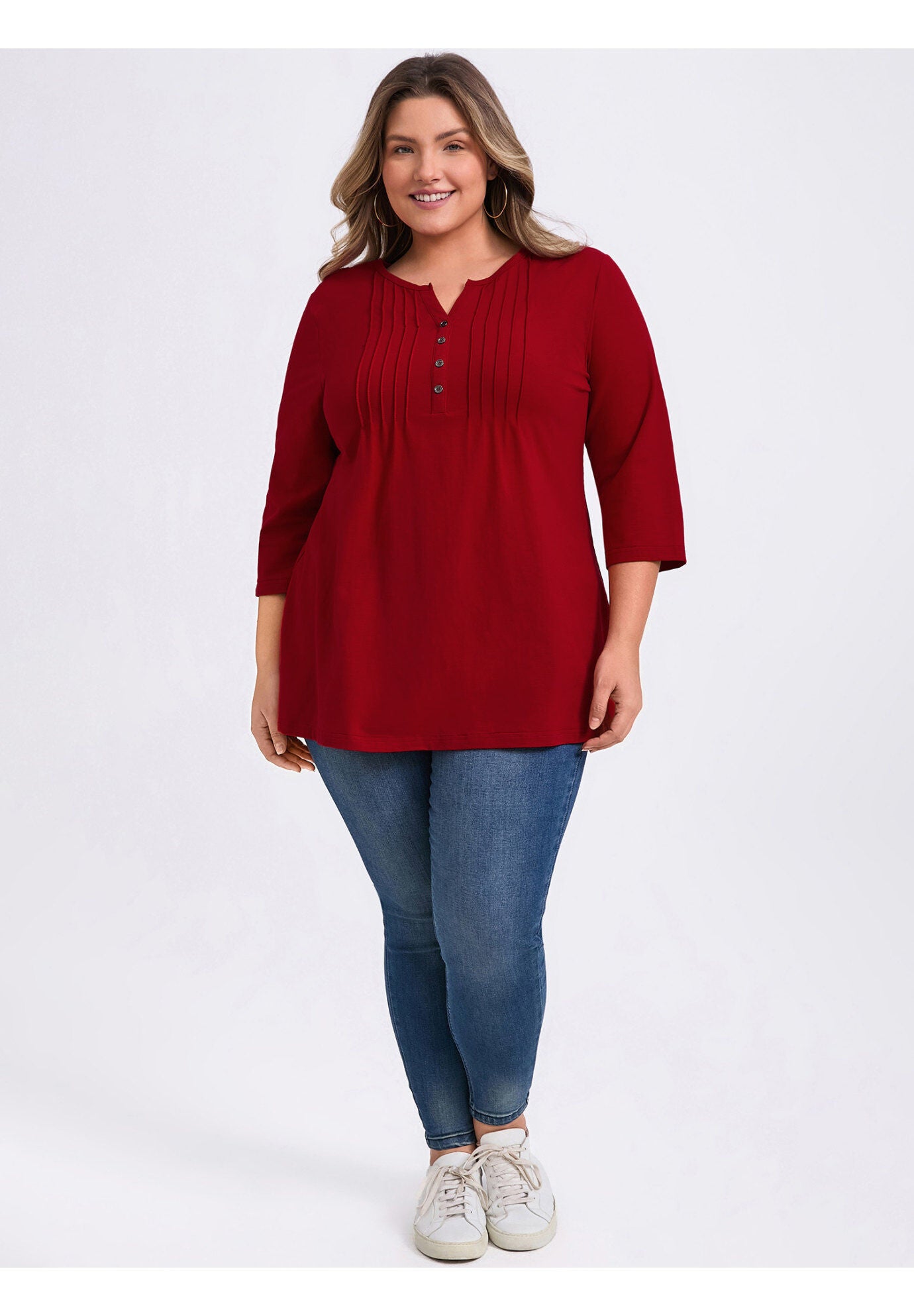 Notched Neck 3/4 Sleeve Front Pleated Button Decor Casual Blouse, Red / Red, alternate image number 1