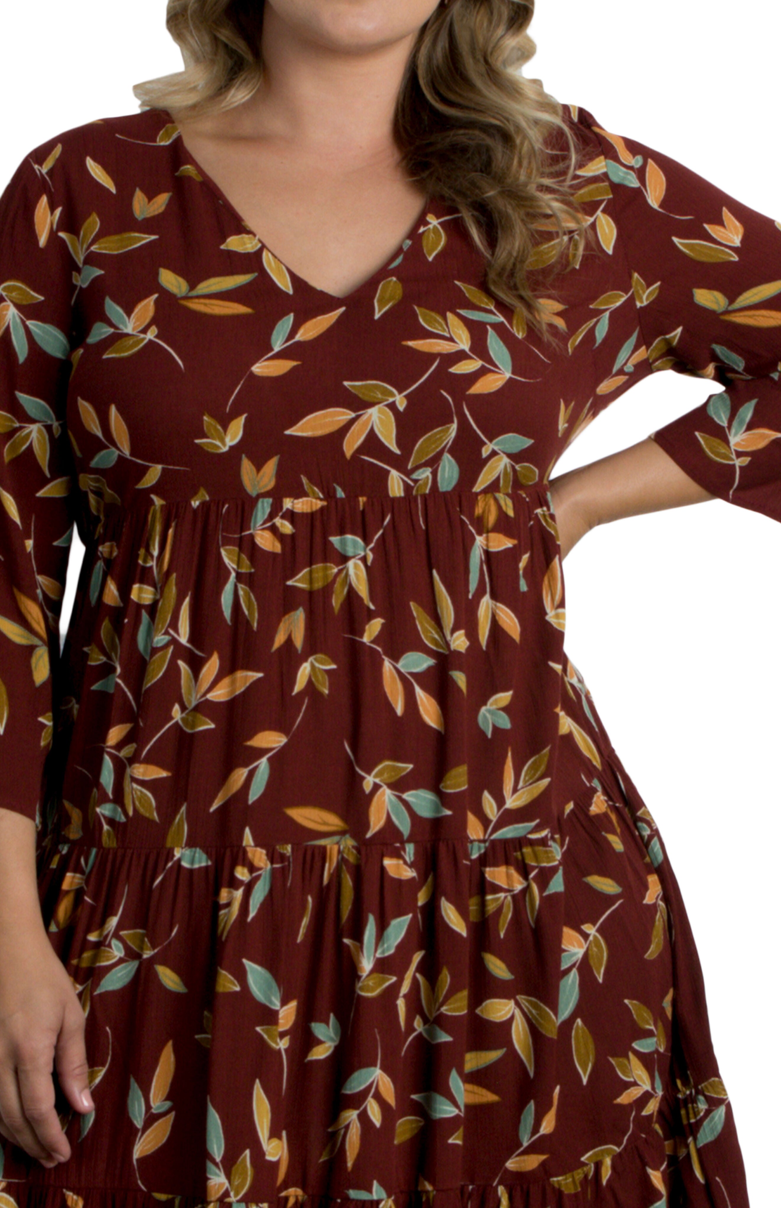 Issy Tiered Tunic Dress, WARM LEAF MOTIF / Burgundy, alternate image number 1