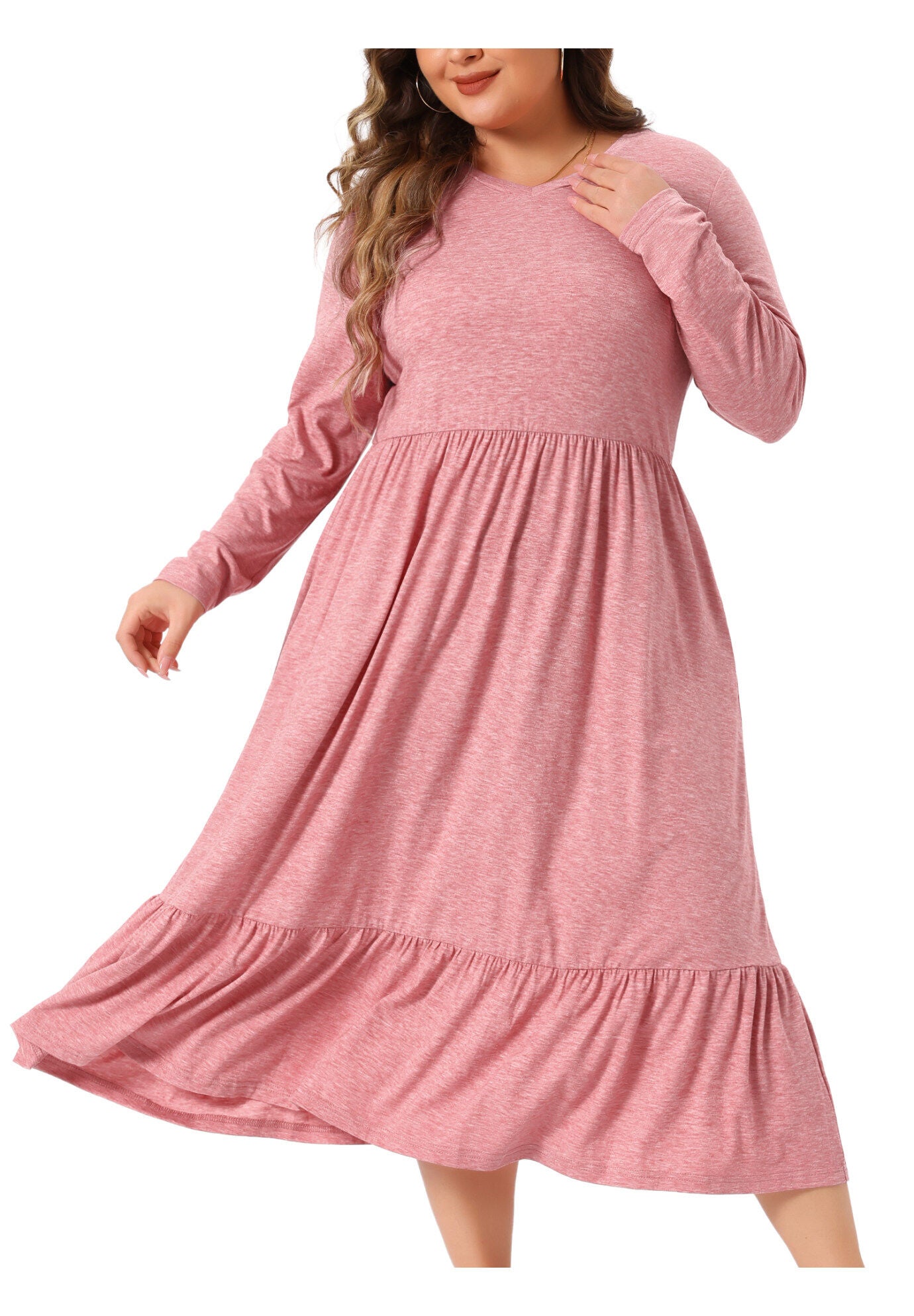 V Neck T Shirts Flowy Tiered A-Line Dress with Pockets, Pink / Pink, alternate image number 2