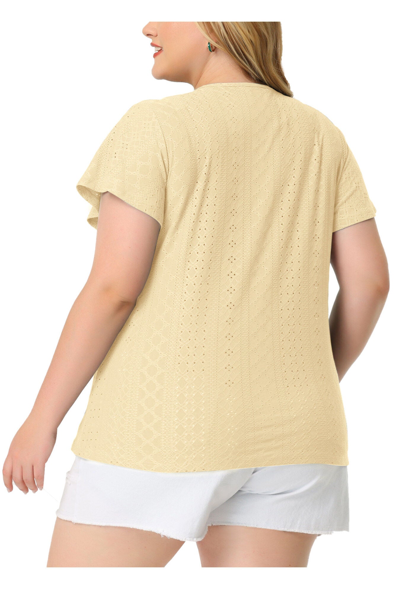 Summer Tee V Neck Hollow Flare Short Sleeve Casual Top Tunic, Yellow / Yellow, alternate image number 3