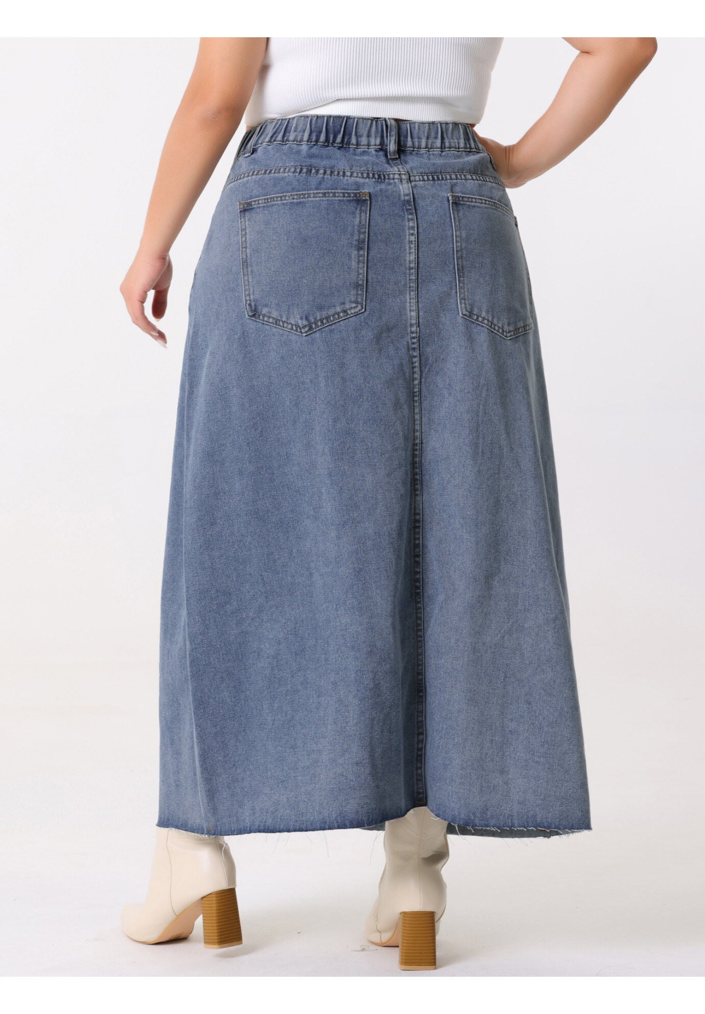 Denim Frayed Raw Hem High Waist Front Slit Long Jean Maxi Skirt, Gray Blue / Dusty Blue, alternate image number 1