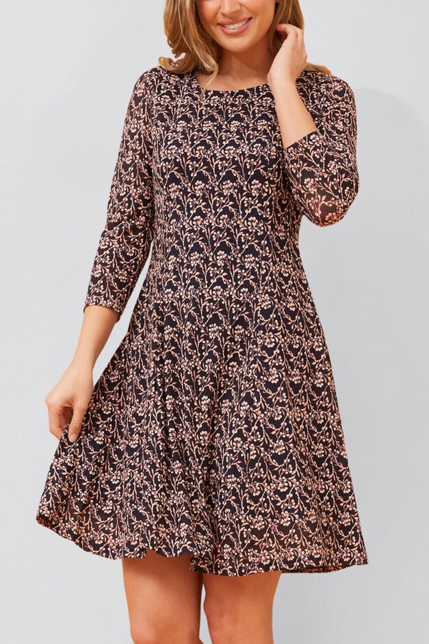 Audrey Black Fit & Flare Mesh Dress Beige Floral Print, NAVY / Navy, hi-res image number 0