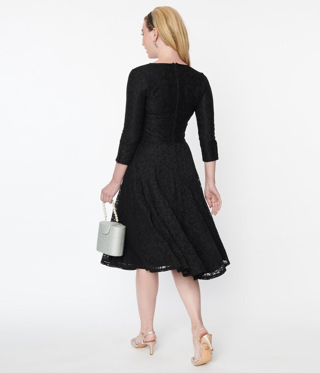 Unique Vintage Black Lace Gilda Swing Dress, Black / Black, alternate image number 2