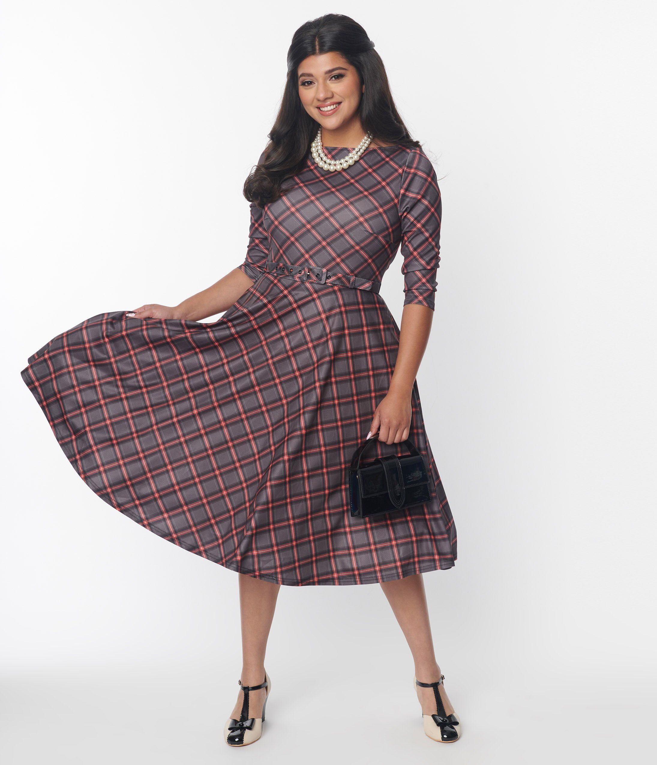 Unique Vintage Red Bias Plaid Devon Swing Dress, BlackPlaid / Black, hi-res image number 0