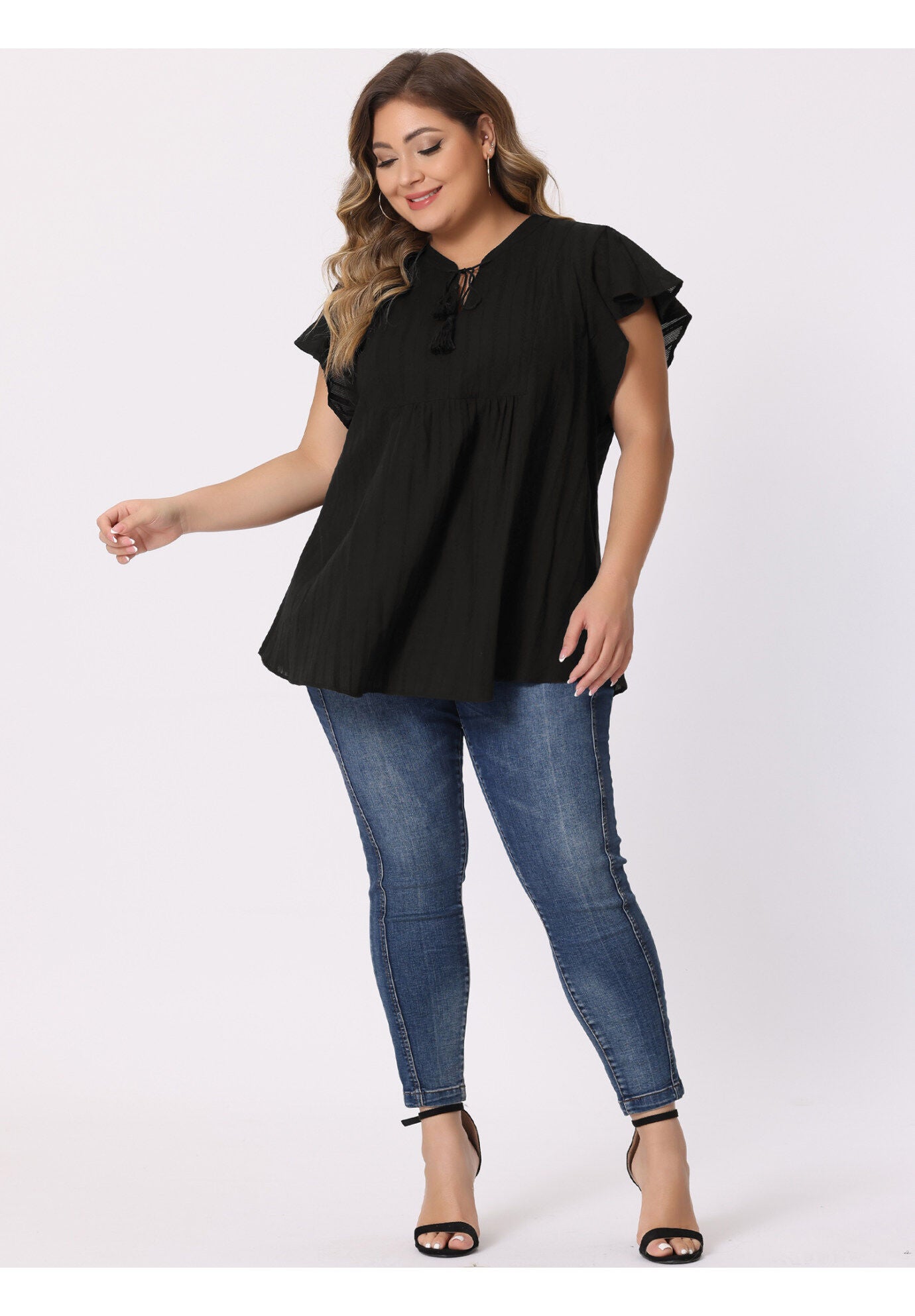 V NECK TASSEL SELF TIE FLUTTER BLOUSE, Black / Black, hi-res image number 0