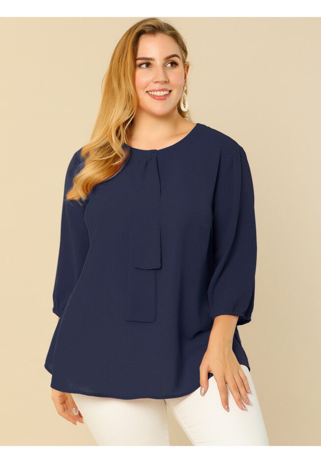 Work Round Neck Ruffle Chiffon Blouse Top, Navy Blue / Navy, alternate image number 1