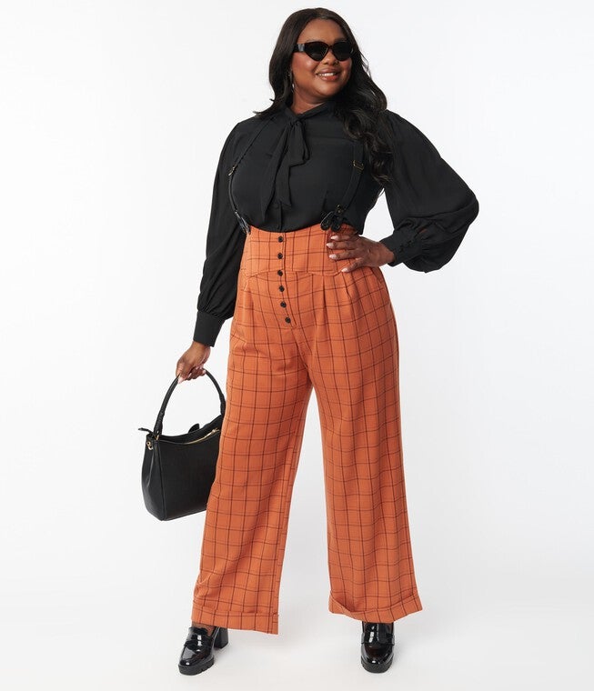 Unique Vintage Orange Windowpane Thelma Suspender Pants, Orange Plaid Gingham / Orange, hi-res image number null