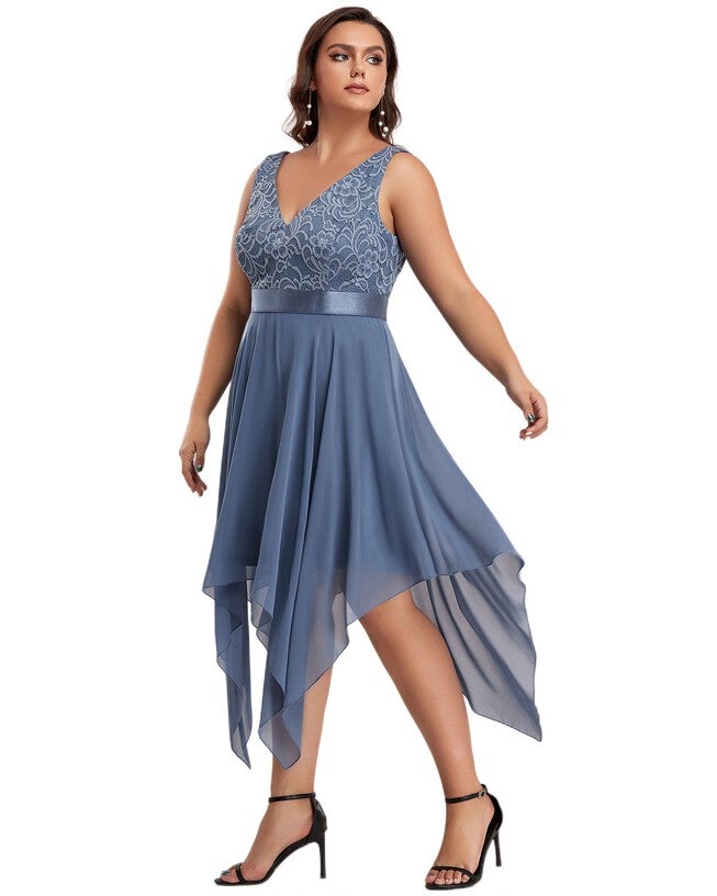 Stunning V Neck Lace Dress with Asymmetrical Hems, Dusty Navy / Dusty Blue, alternate image number 3