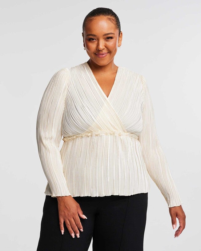 Alexandra Cream Wrap-Illusion Pleated Top, Soft Gold / Light Yellow, hi-res image number 0