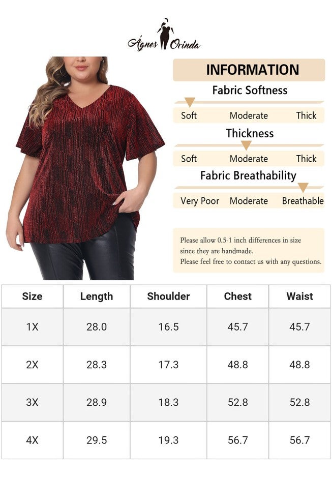 V Neck Metallic Short Sleeve Party Blouse Tee Top, Burgundy / Burgundy, alternate image number 4