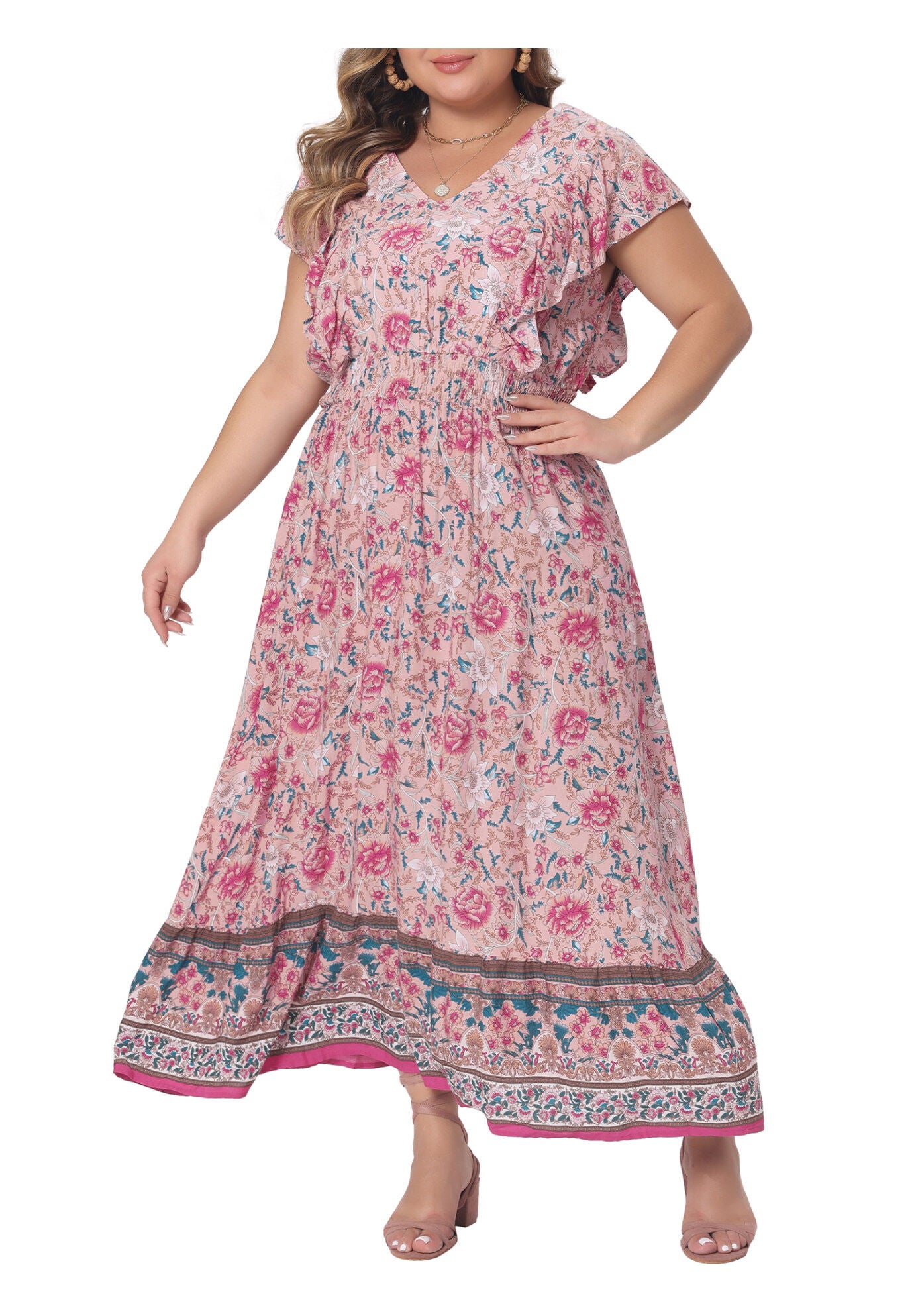 V Neck Ruffle Sleeve Boho Floral Maxi Long Dress, Pink / Pink, alternate image number 2