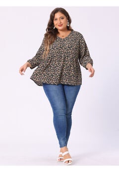 V Neck Babydoll Flowy 3/4 Lantern Sleeve Floral Blouse