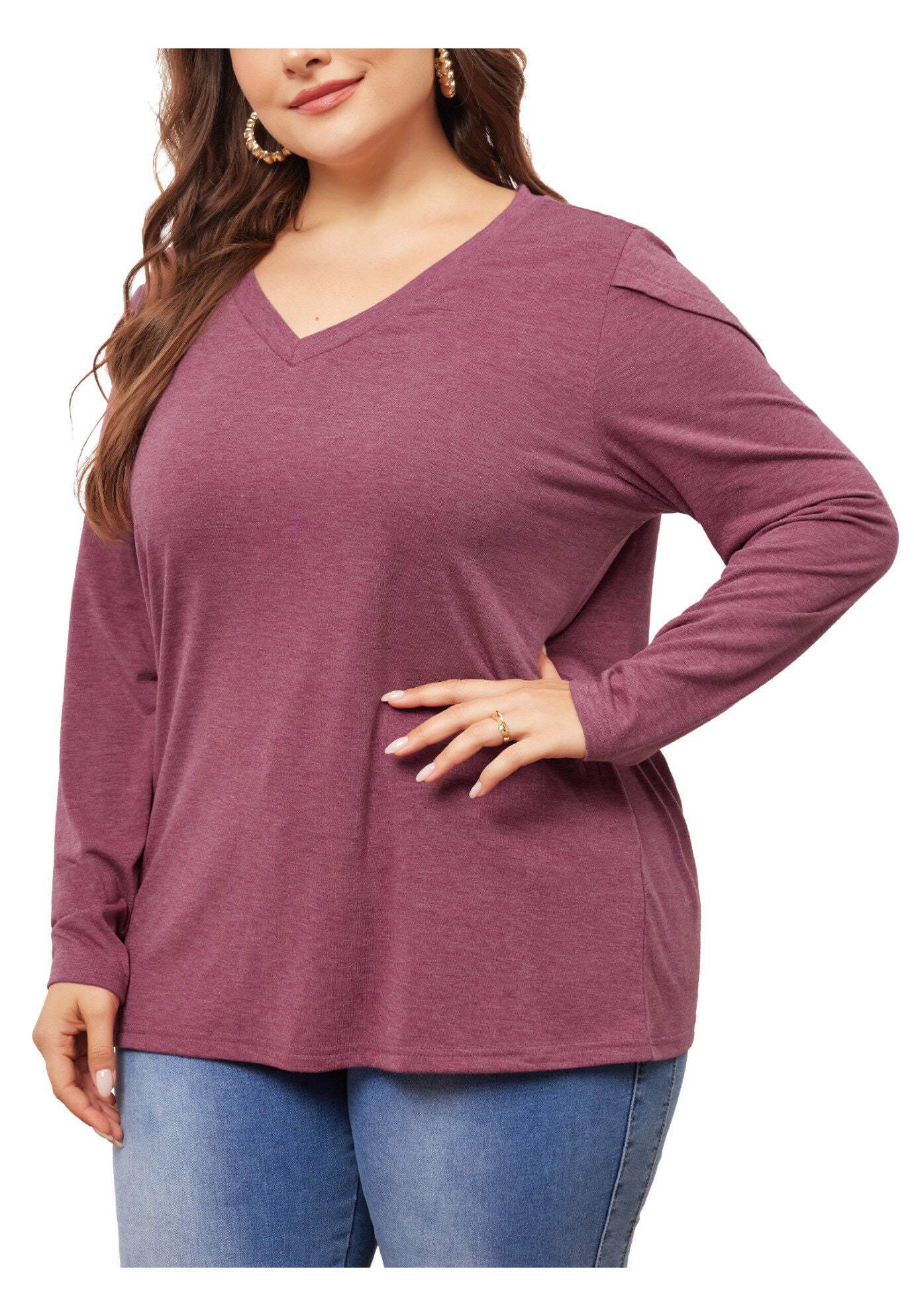 V Neck Tulip Long Sleeve T-Shirt Casual Top, Purple Red / Purple, alternate image number 1