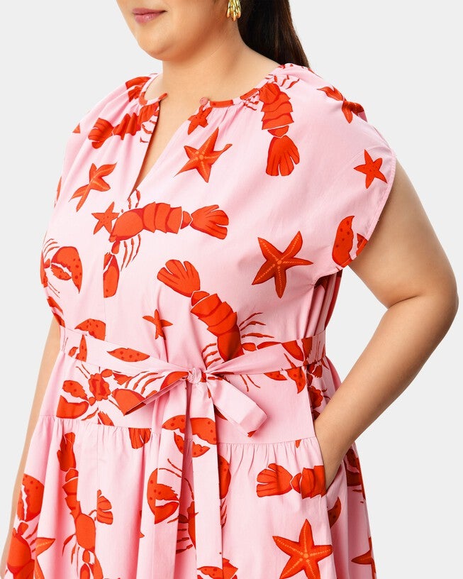 Lobster star print cotton drop waist tiered dress, Pink / Pink, alternate image number null