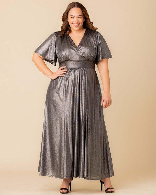 Evania Metallic Evening Gown, PEWTER / Silver, alternate image number null