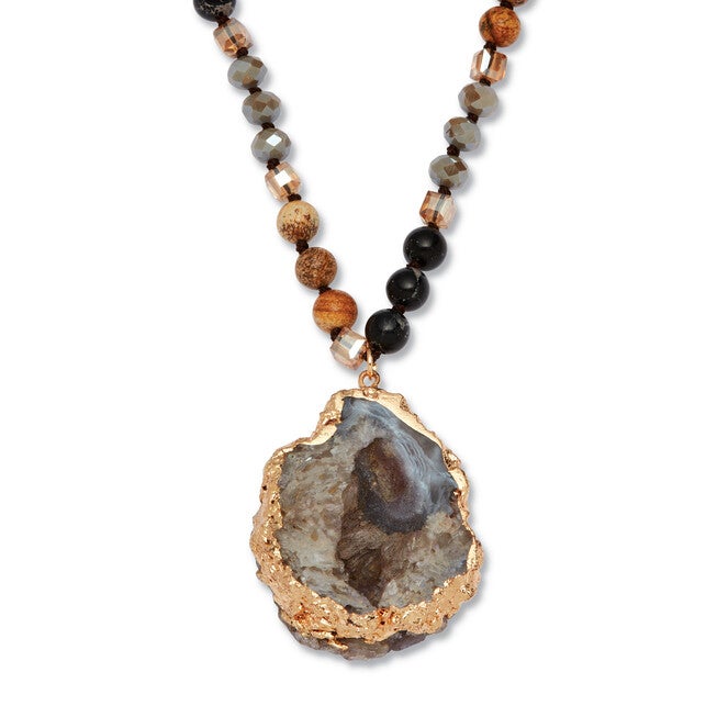 Genuine Brown Agate and Multi-color Jasper Goldtone Drop Necklace, 32 inches, Brown / Brown, hi-res image number 0