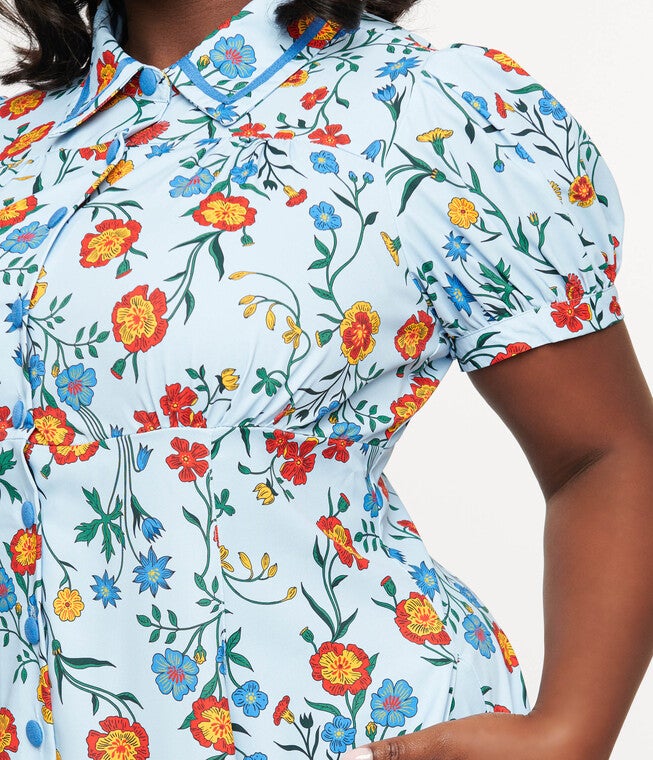 Unique Vintage 1950s Blue Floral Fit & Flare Dress, Blue Floral / Light Blue, alternate image number 3