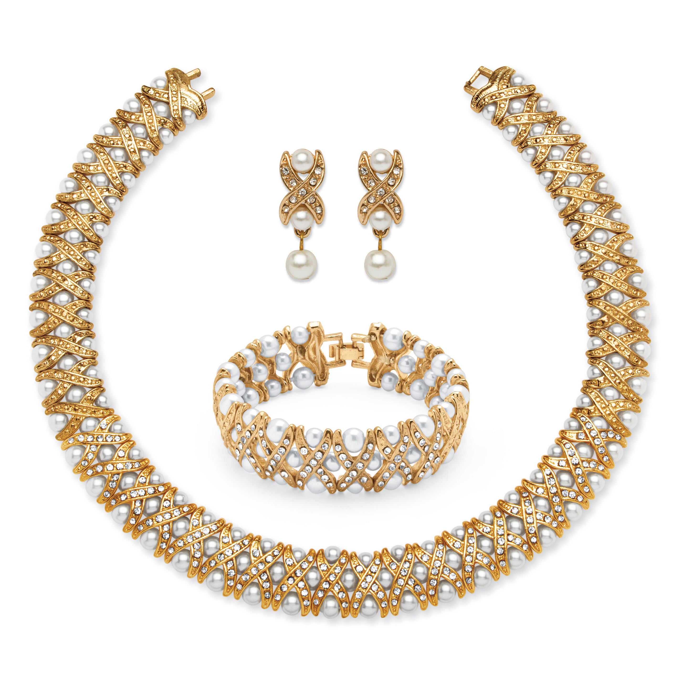 Simulated Pearl and Crystal Three-Piece Jewelry Set in Yellow Goldtone, White / White, hi-res image number 0