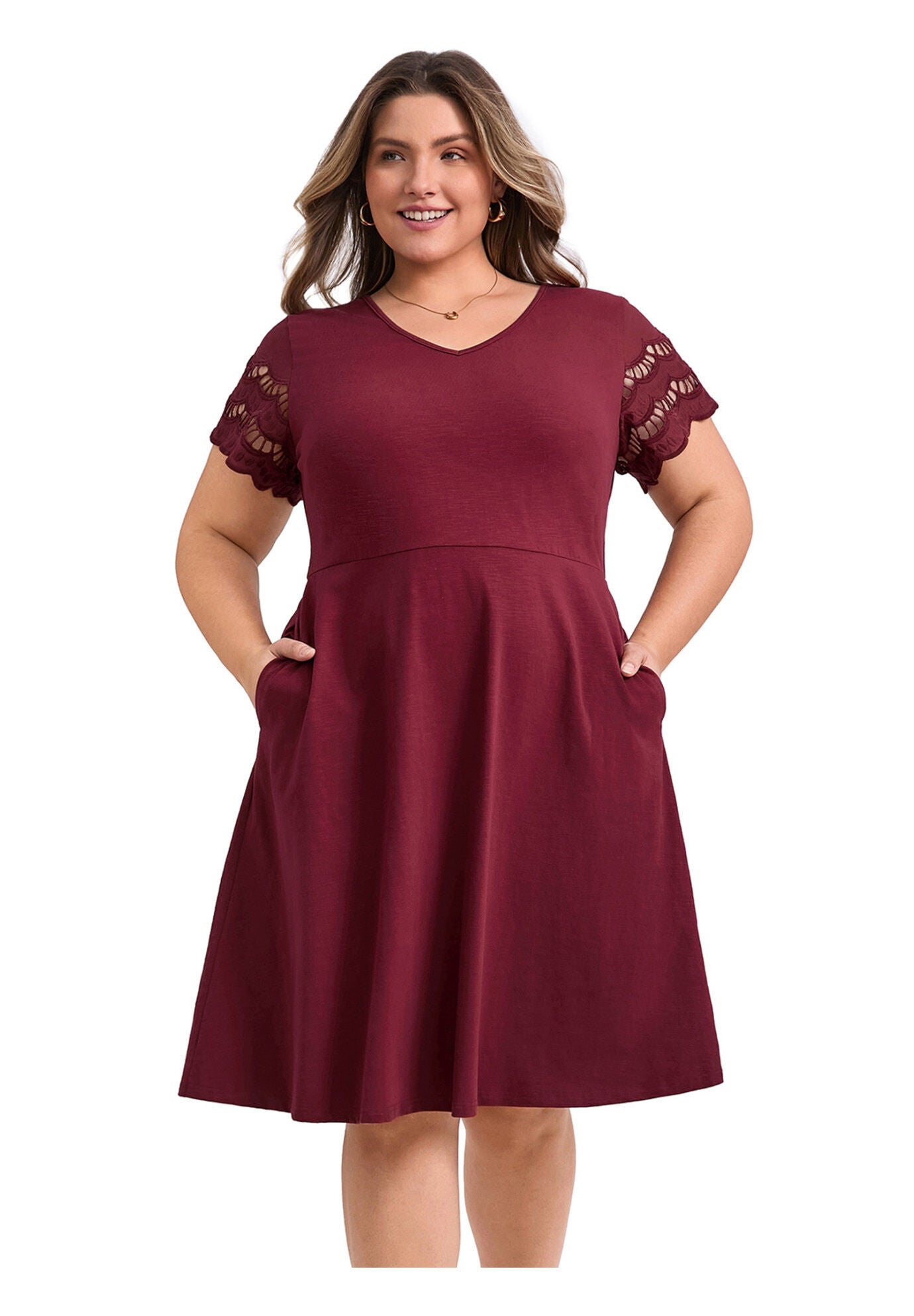 V Neck Embroidered Hollow Eyelet Short Sleeve Midi Casual Dress with Pockets, Burgundy / Burgundy, hi-res image number 0