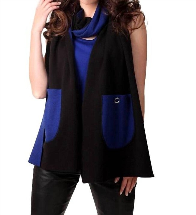 2-TONE REVERSIBLE POCKET SHAWL IN BLACK/COBALT, BlackCobalt / Black, hi-res image number null