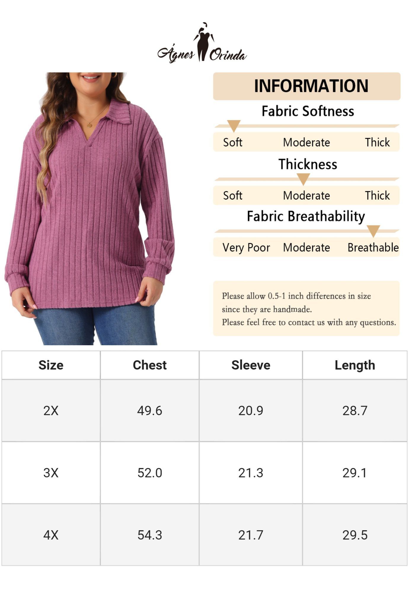 Loose Polo V Neck Long Sleeve Ribbed Knit Top, Fuchsia / Deep Fuchsia, alternate image number 3