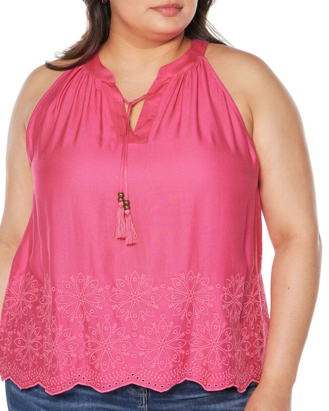 Plus Size Embroidered Hem Sleeveless Top, Petal Pink / Pink, alternate image number null
