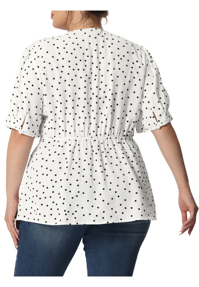 Summer V Neck Wrap Short Sleeve Polka Dots Peplum Top, White / White, alternate image number 3