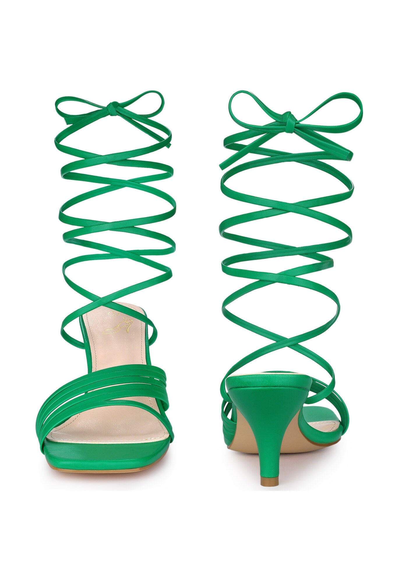 Lace Up Square Toe Strappy Kitten Heels Sandals, Green / Kelly Green, alternate image number 2