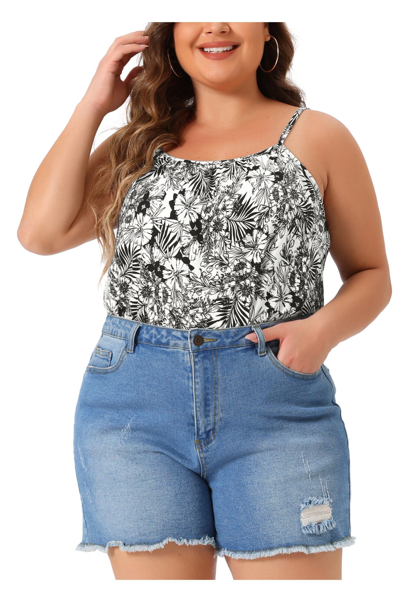 Boho Floral Loose Cami Spaghetti Strap Tunic, Black / Black, alternate image number 2