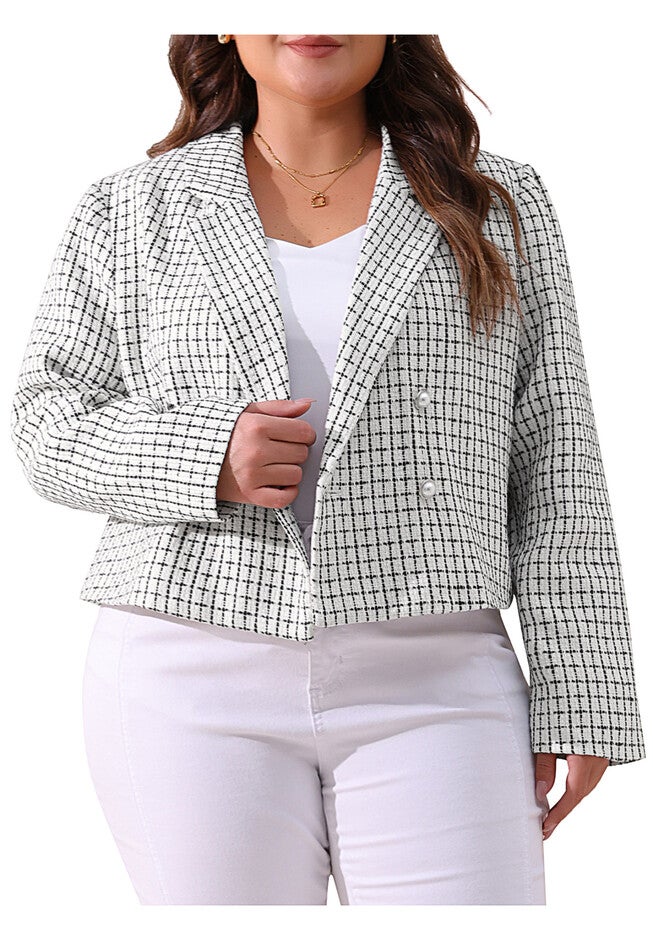 NOTCHED LAPEL CROP PLAID TWEED BLAZER, White / White, alternate image number 2