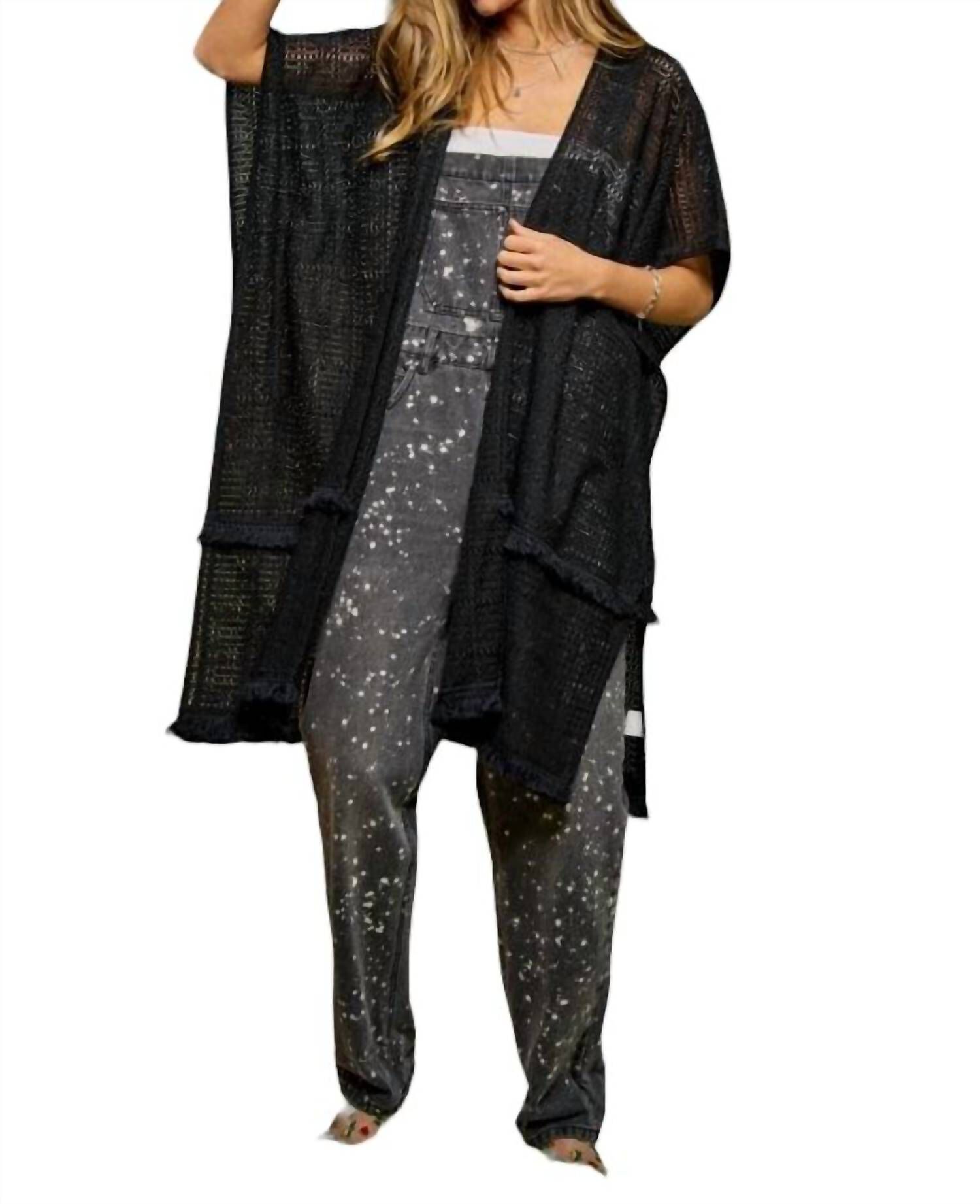 SQUARE-LACE FRINGE TRIM DETAIL OPEN FRONT KIMONO IN BLACK, Black / Black, alternate image number 3