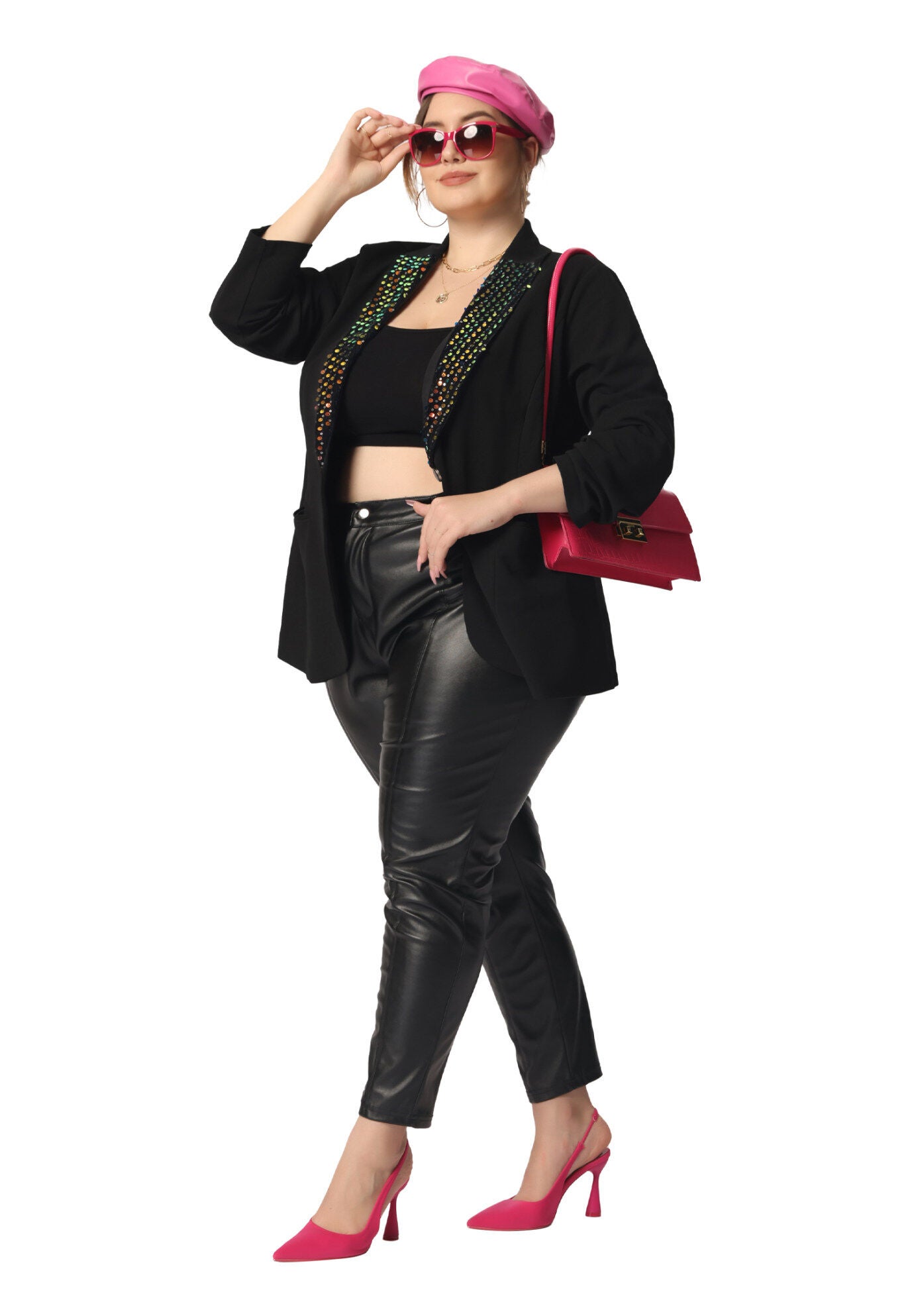 SHINY SEQUIN BUTTON LAPEL CASUAL BLAZER JACKET, Black / Black, hi-res image number 0