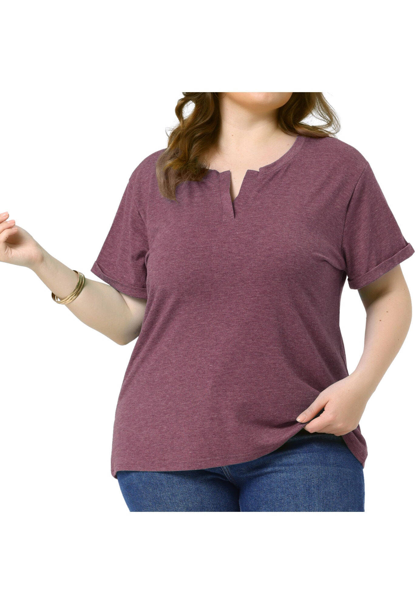 Short Sleeve Notched V Neck Summer Tees Tops, Burgundy / Burgundy, alternate image number 1