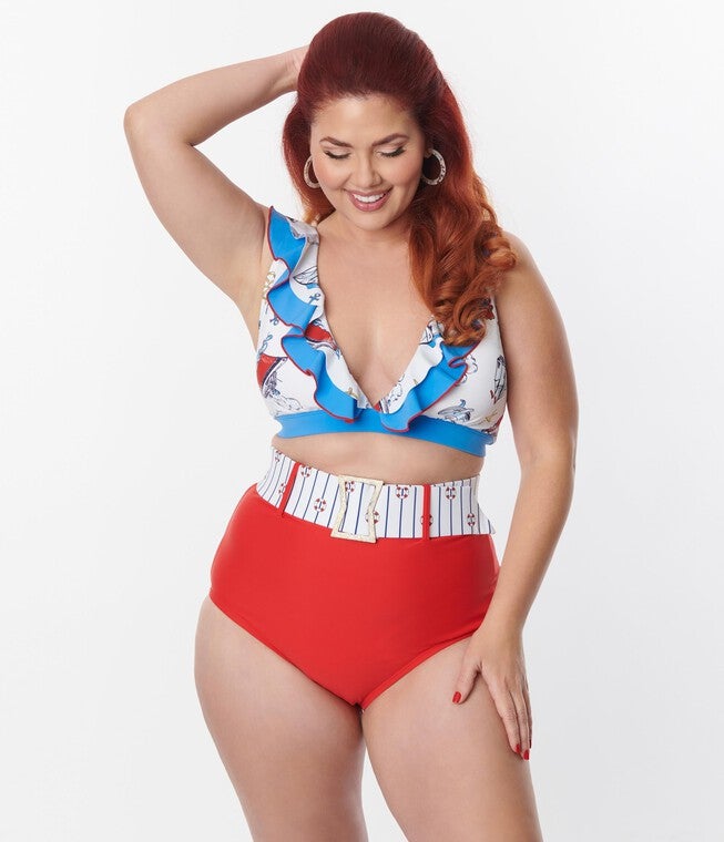 Unique Vintage Red High Waist Belted Swim Bottom, Red / Red, hi-res image number null