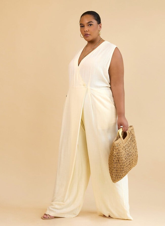 ALIA LINEN WRAP OVERLAY WIDE LEG JUMPSUIT - IVORY, Beige / Beige, alternate image number 4
