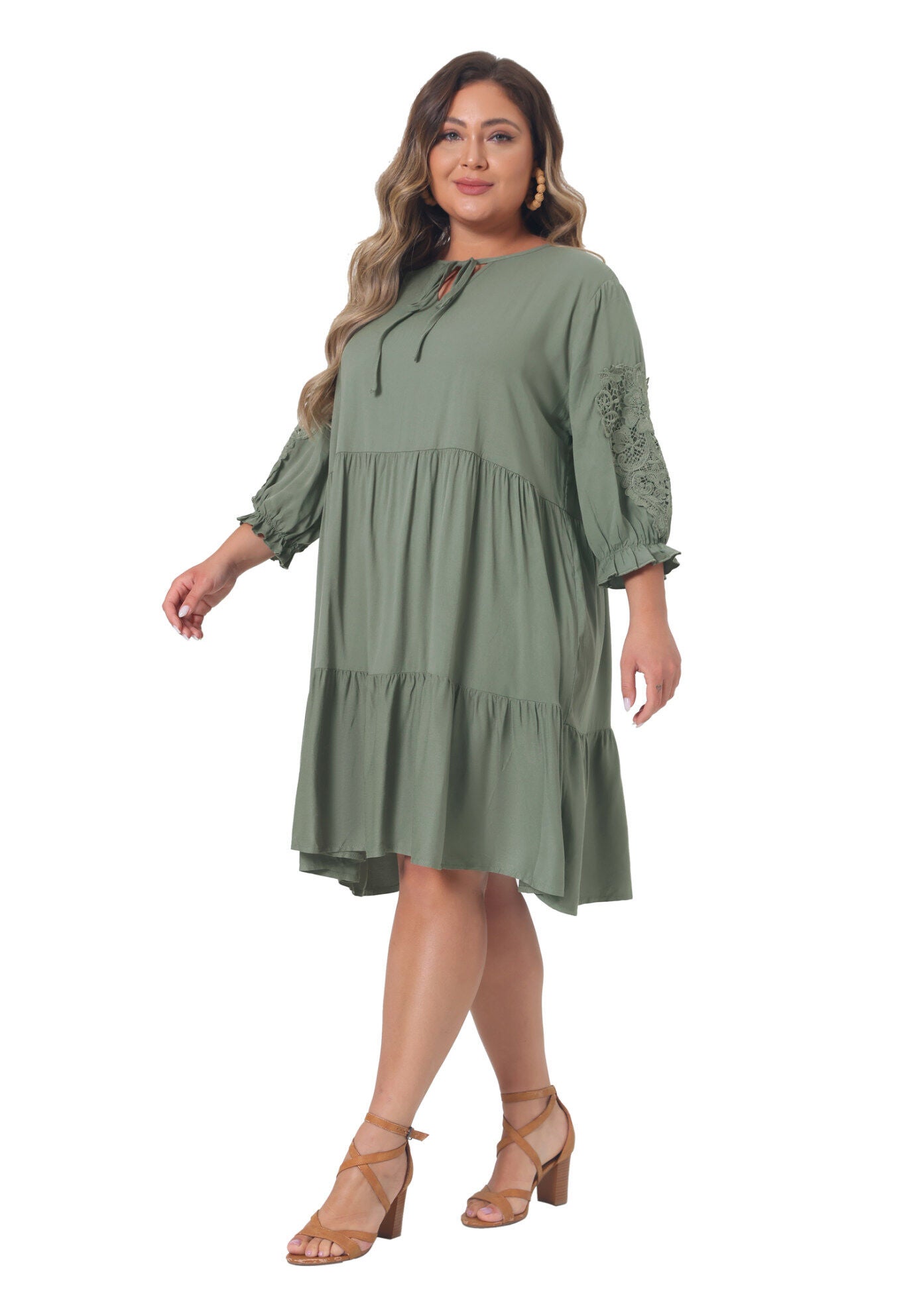TIE NECK LACE SLEEVE RUFFLE MIDI FLOWY DRESS, Green / Olive Green, hi-res image number 0