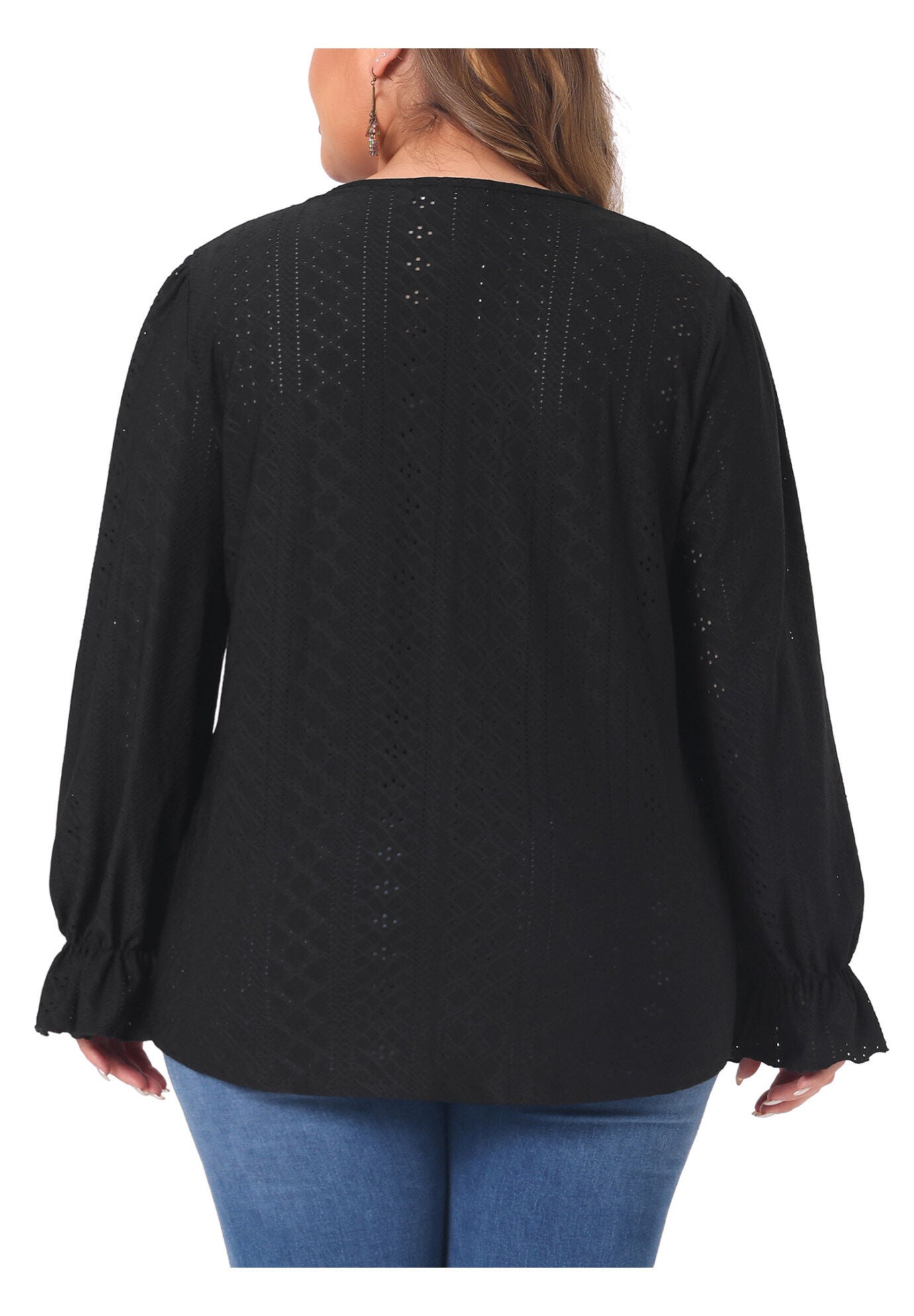 V Neck Ruffle Eyelet Lace Crochet Hollow Blouse, Black / Black, alternate image number 3