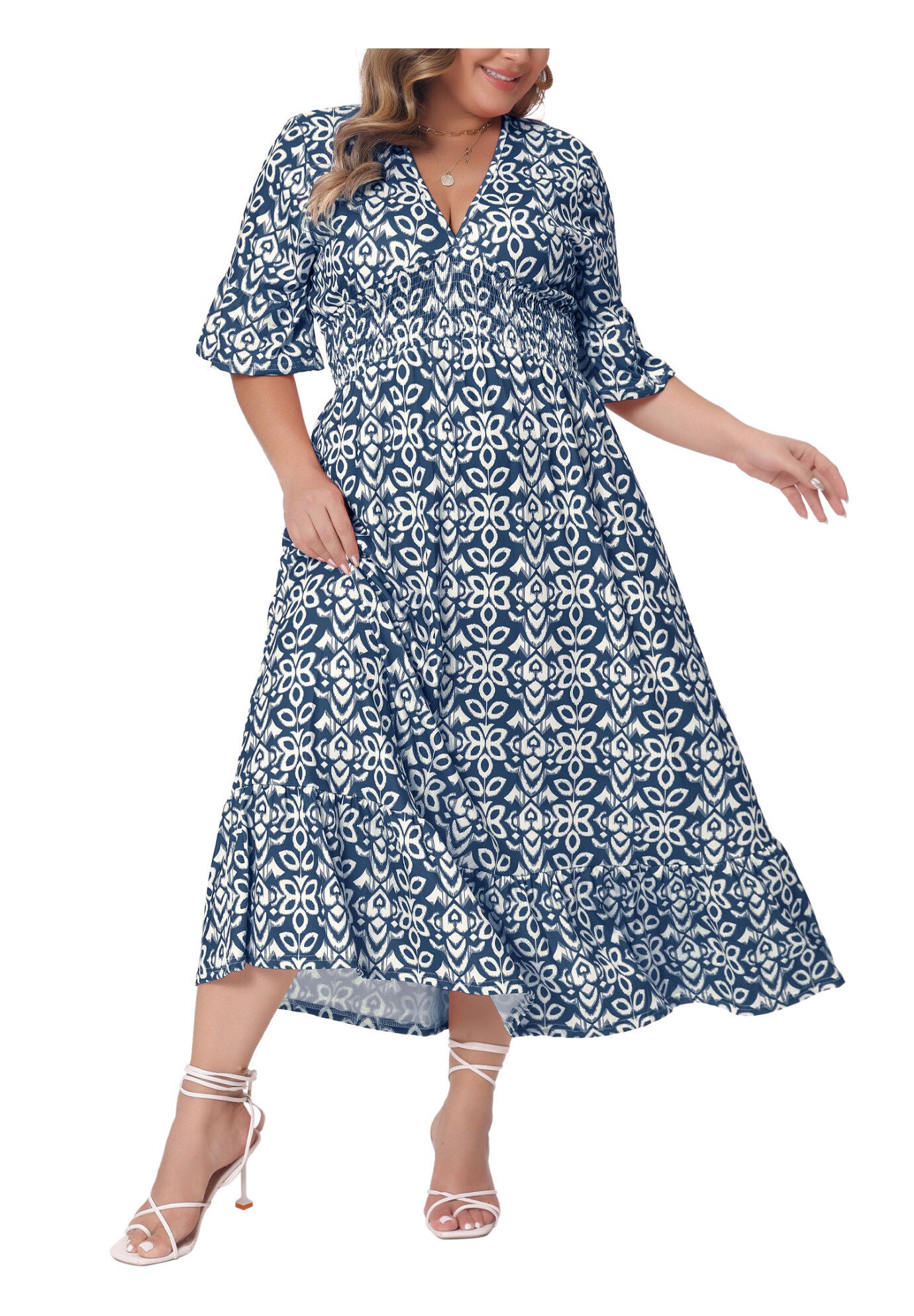 Bell Sleeve Ruffled Hem V Neck Short Sleeve Boho A Line Long Dress, Navy Blue / Navy, alternate image number 2